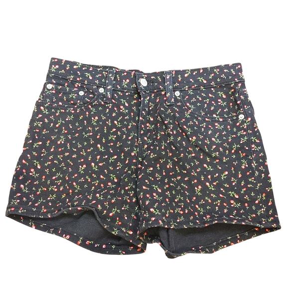 Levi Strauss & Co Size 27 Mid Length Short Shorts Rose Floral Print Black Cotton - Picture 1 of 9